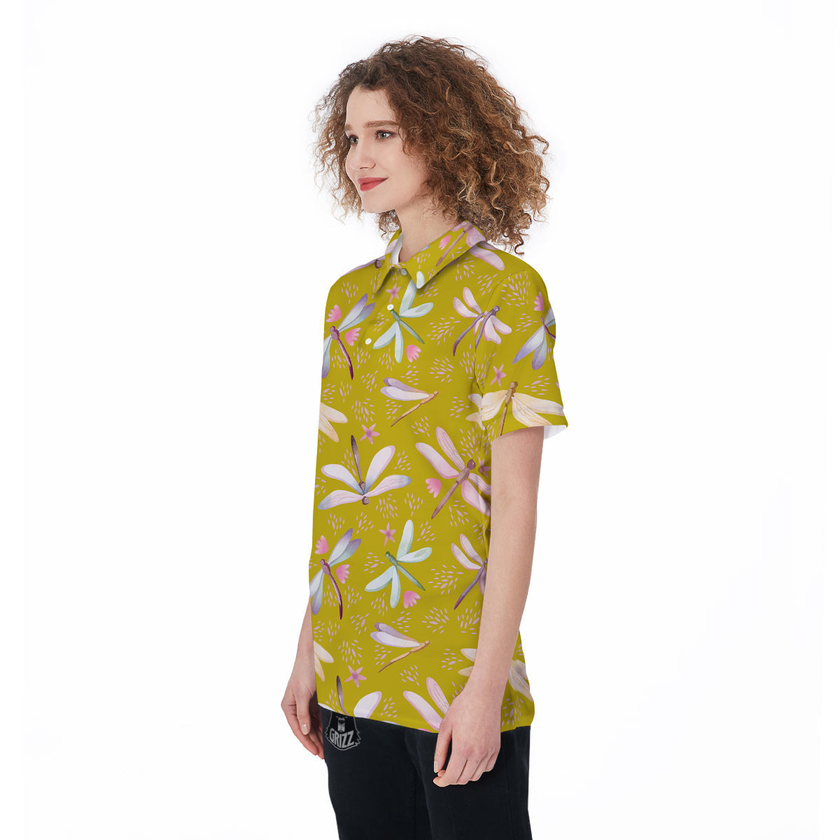 Dragonfly Yellow Watercolor Print Pattern Women's Golf Shirts-grizzshop