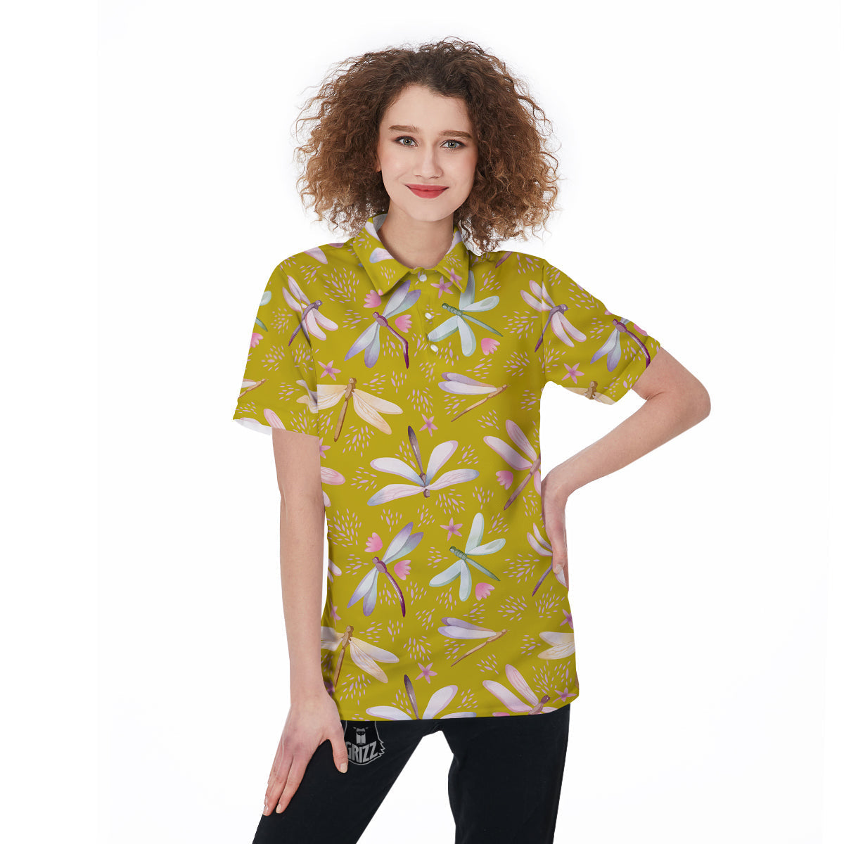 Dragonfly Yellow Watercolor Print Pattern Women's Golf Shirts-grizzshop