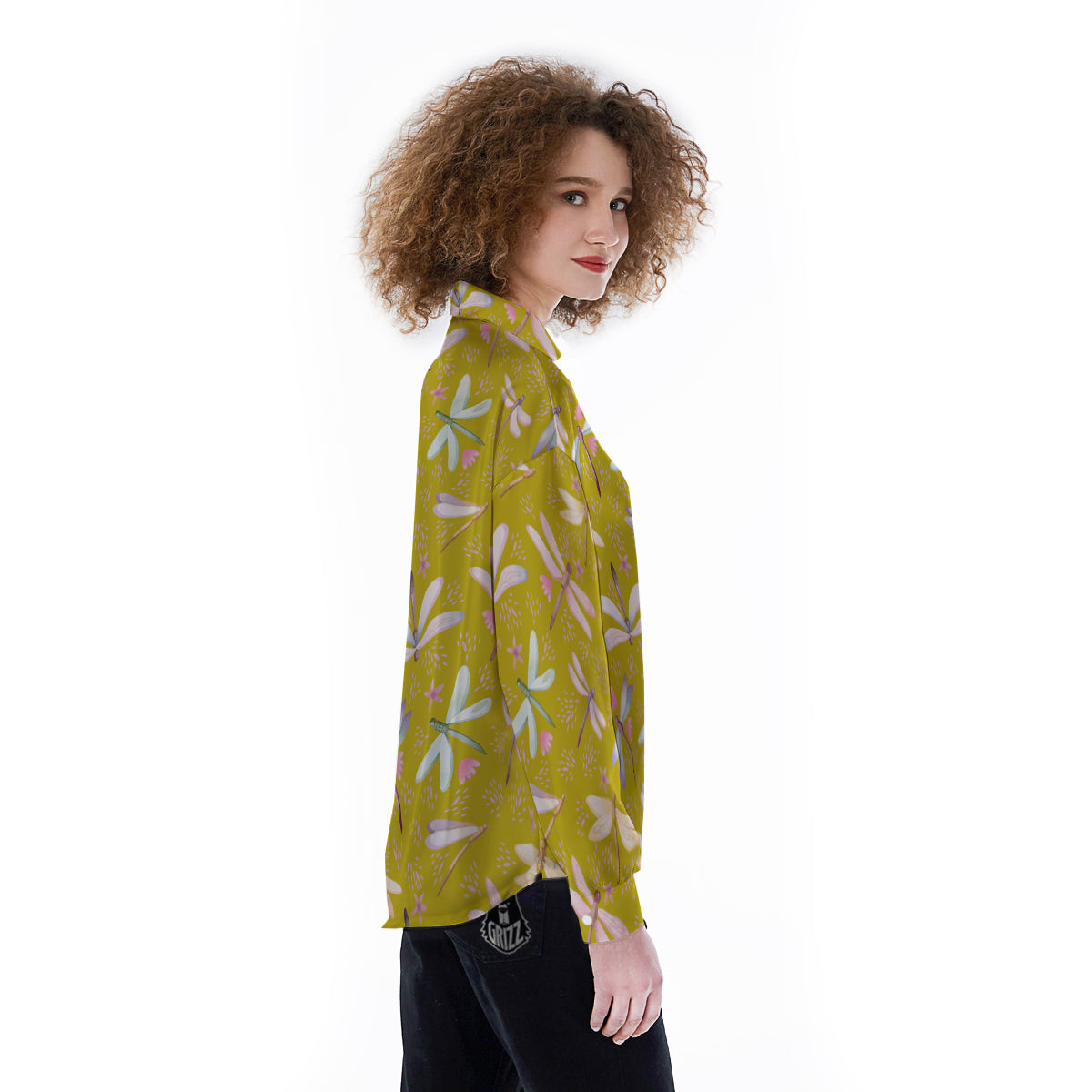 Dragonfly Yellow Watercolor Print Pattern Women's Long Sleeve Shirts-grizzshop
