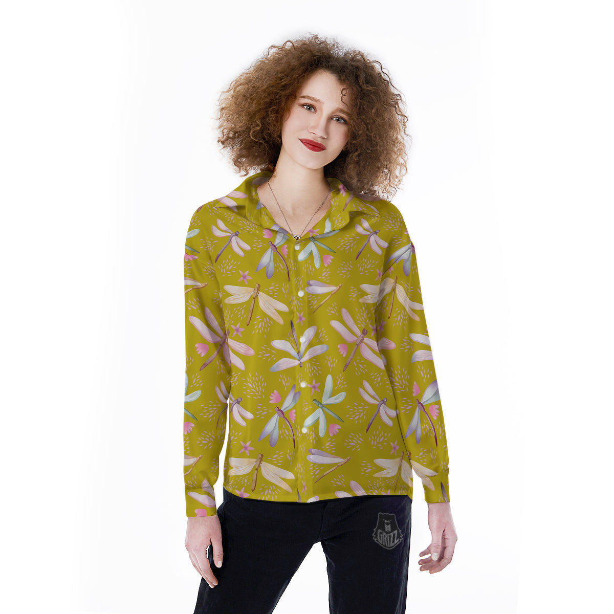 Dragonfly Yellow Watercolor Print Pattern Women's Long Sleeve Shirts-grizzshop