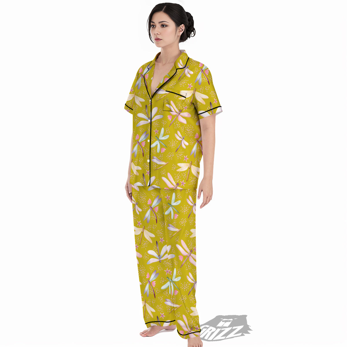 Dragonfly Yellow Watercolor Print Pattern Women's Pajamas Set-grizzshop