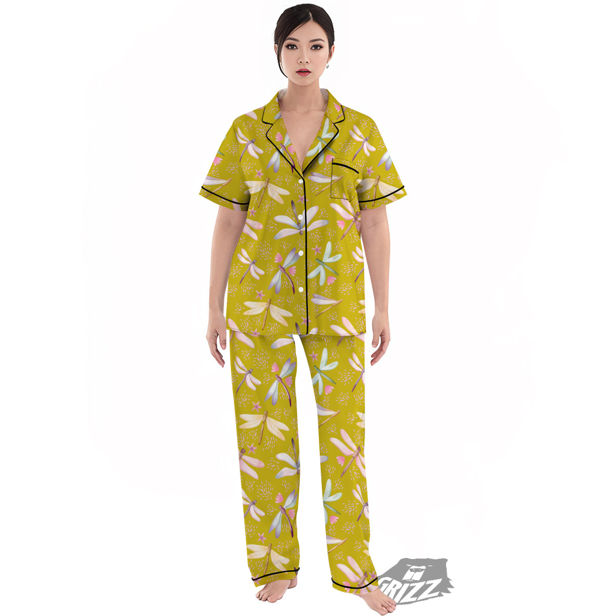 Dragonfly Yellow Watercolor Print Pattern Women's Pajamas Set-grizzshop
