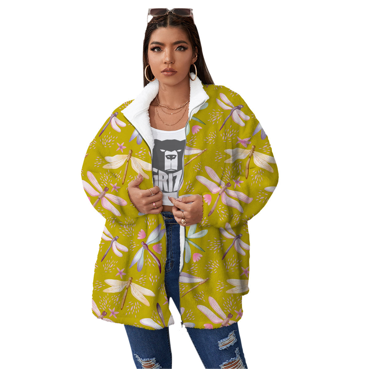 Dragonfly Yellow Watercolor Print Pattern Women's Sherpa Jacket-grizzshop
