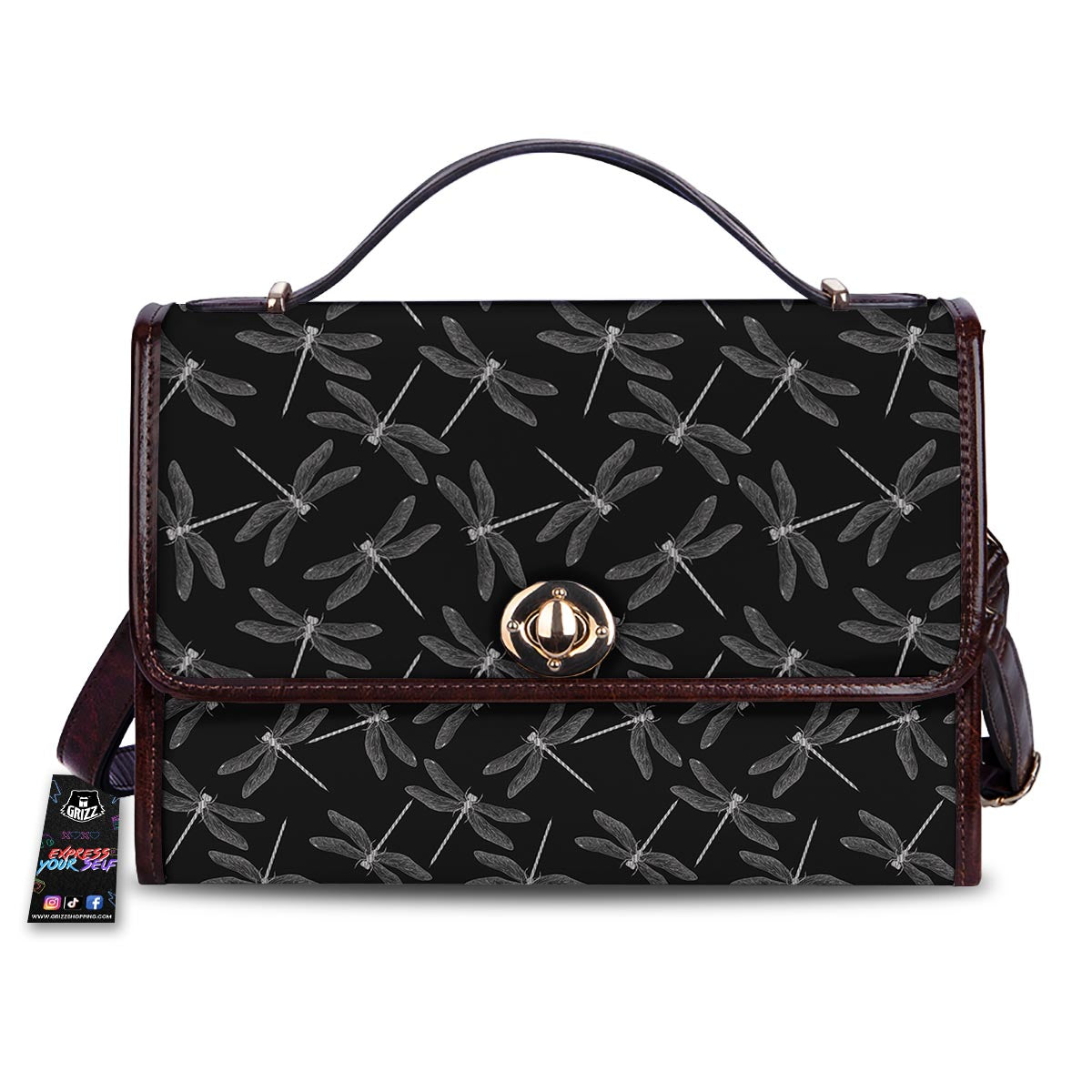 Dragonfly Black Print Pattern Women's Satchel Bag