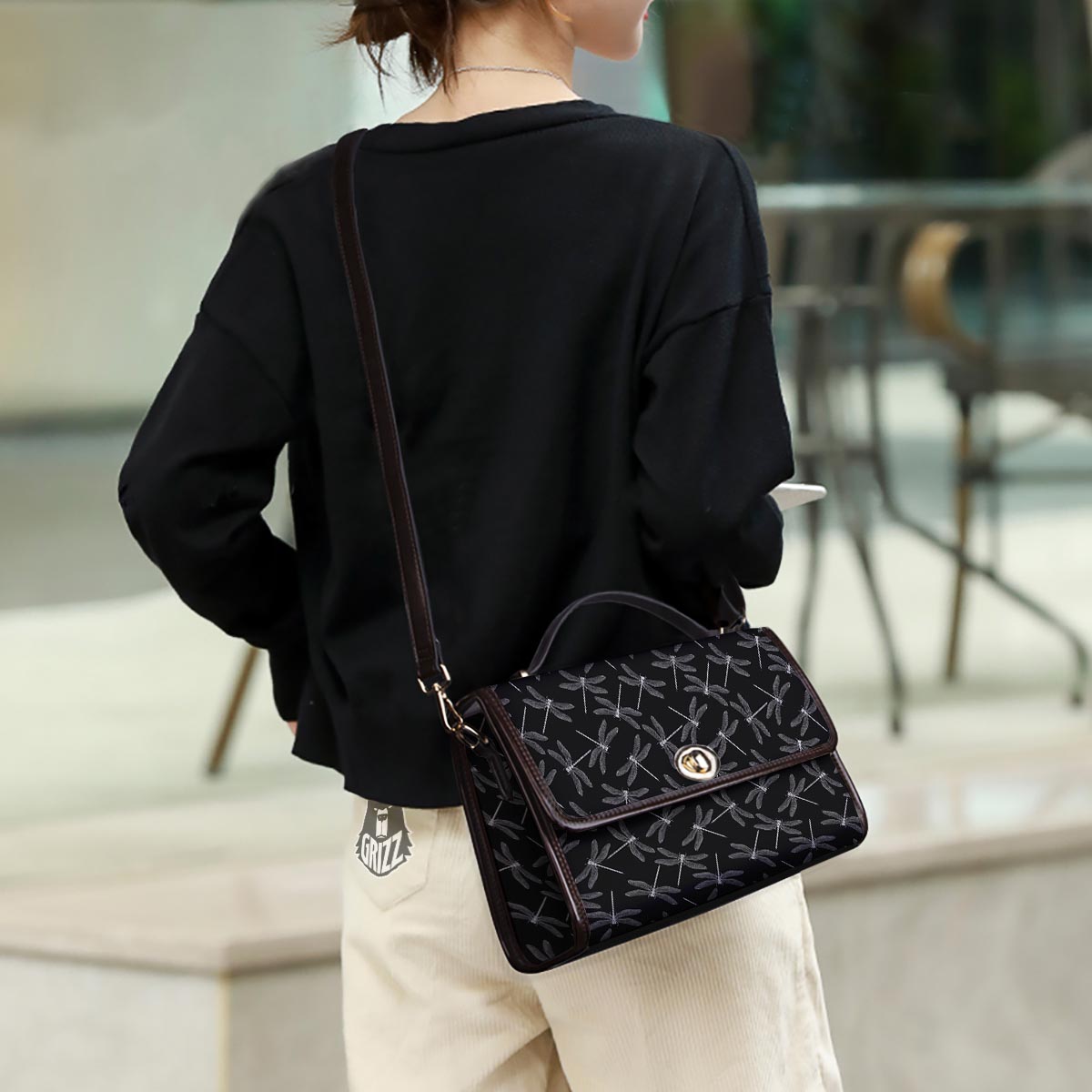Dragonfly Black Print Pattern Women's Satchel Bag