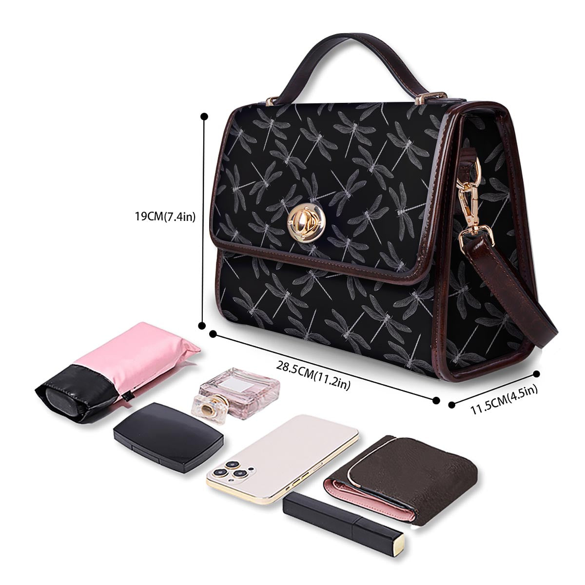 Dragonfly Black Print Pattern Women's Satchel Bag