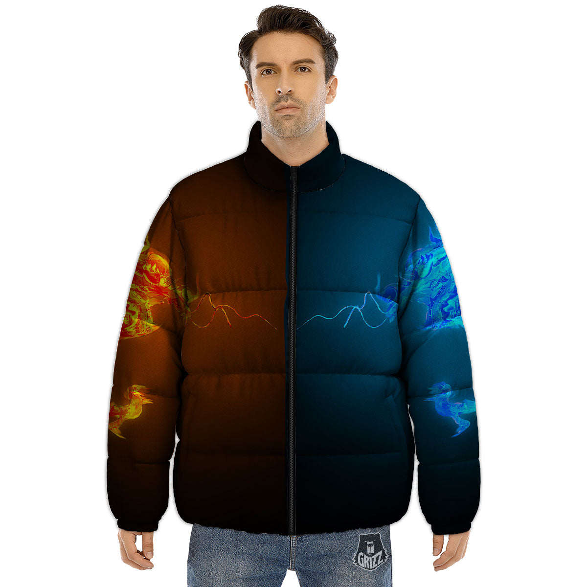 Dragons Ice And Fire Print Puffer Jacket-grizzshop