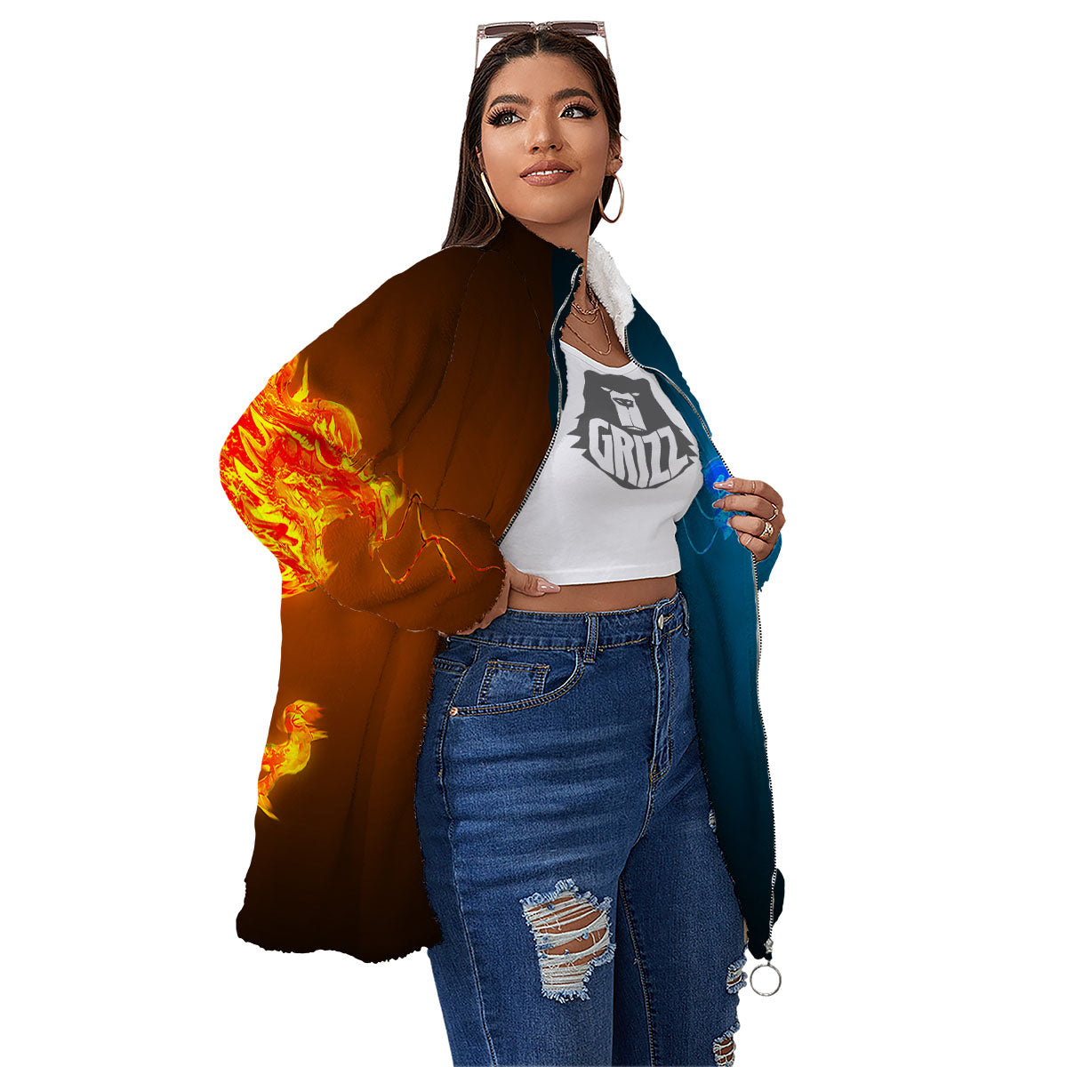 Dragons Ice And Fire Print Women's Sherpa Jacket-grizzshop