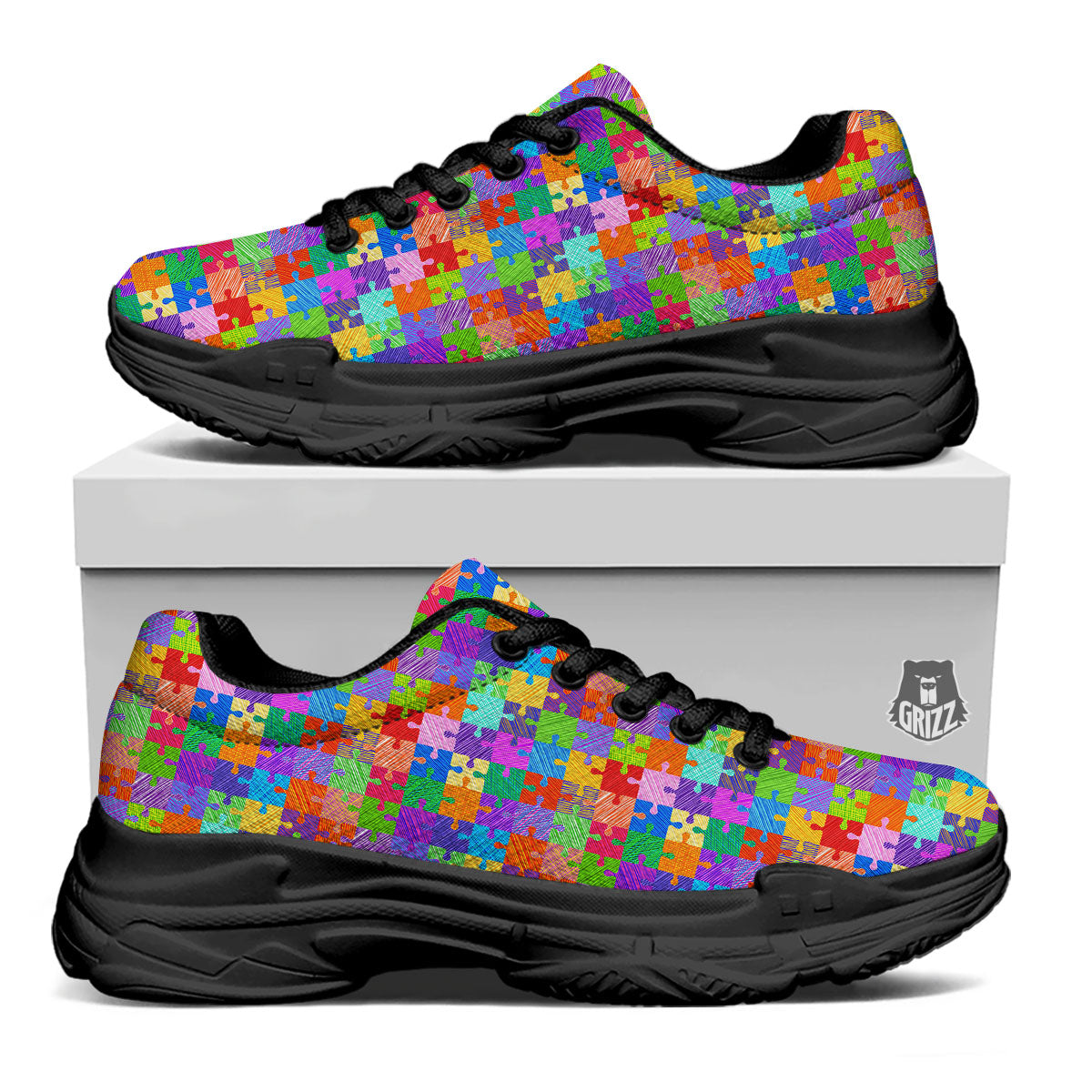 Drawing Autism Awareness Print Black Chunky Shoes-grizzshop