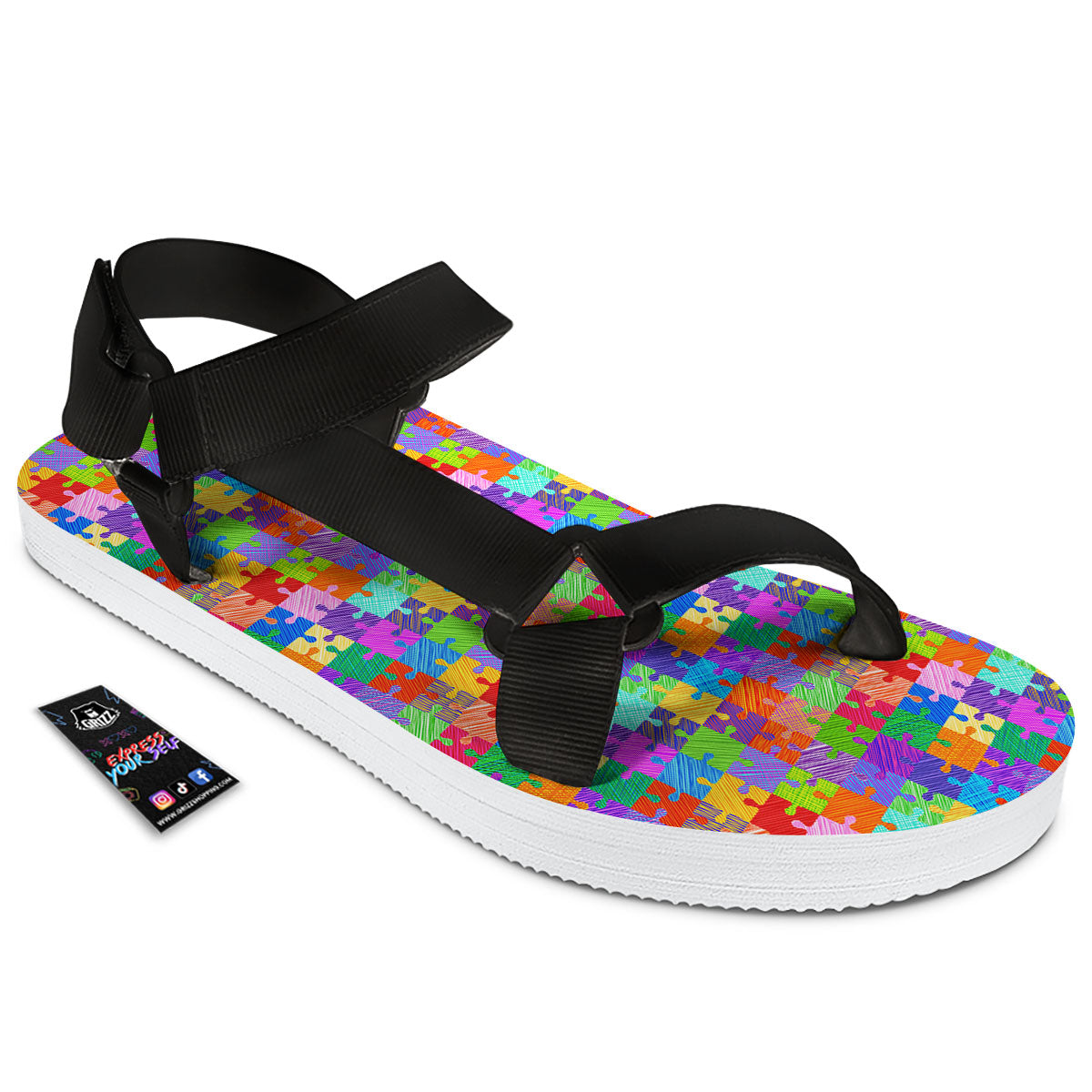 Drawing Autism Awareness Print Black Open Toe Sandals-grizzshop