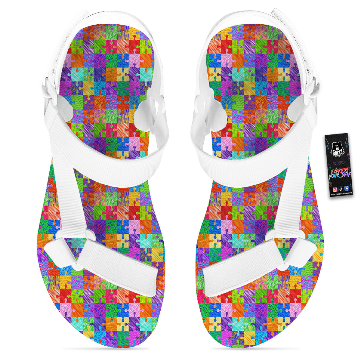 Drawing Autism Awareness Print White Open Toe Sandals-grizzshop