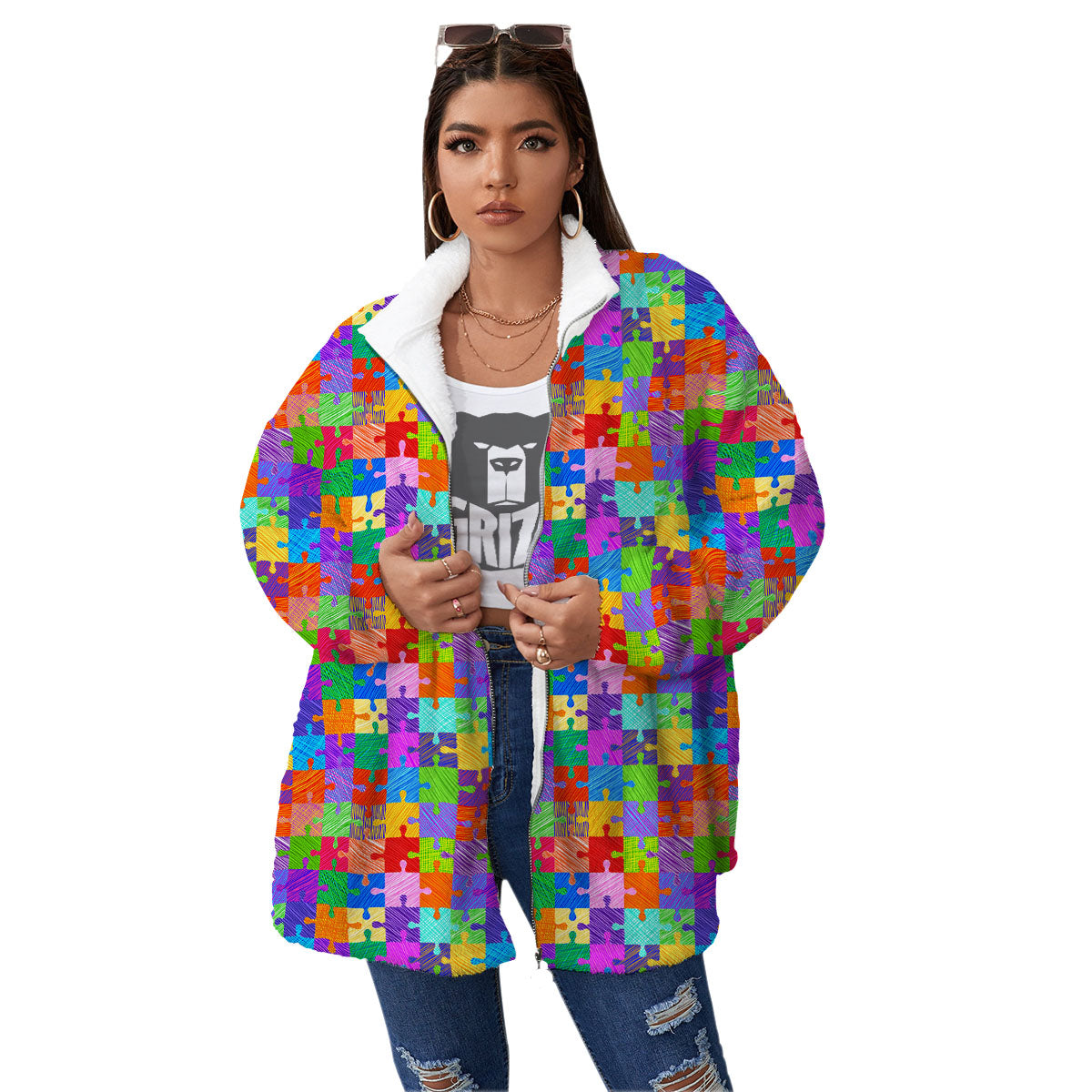 Drawing Autism Awareness Print Women's Sherpa Jacket-grizzshop