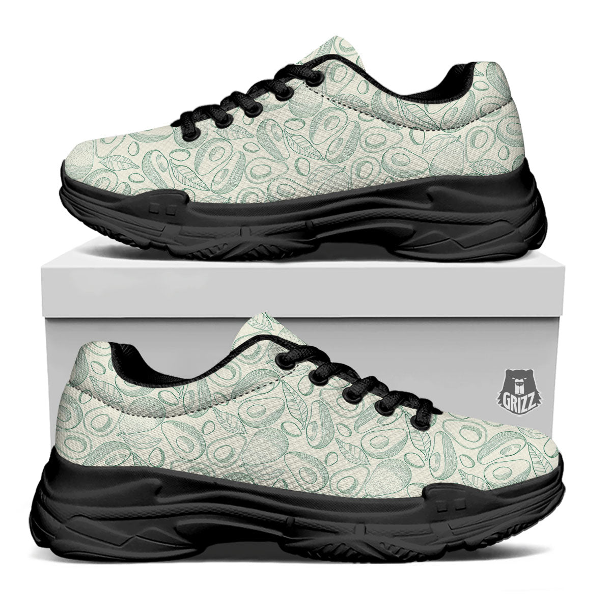Drawing Avocado Cut In Half Print Black Chunky Shoes-grizzshop