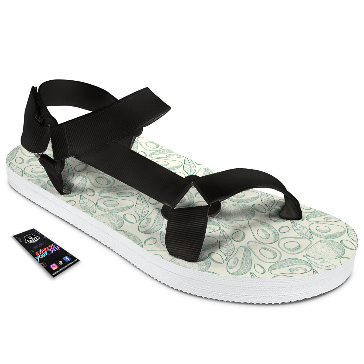 Drawing Avocado Cut In Half Print Black Open Toe Sandals-grizzshop