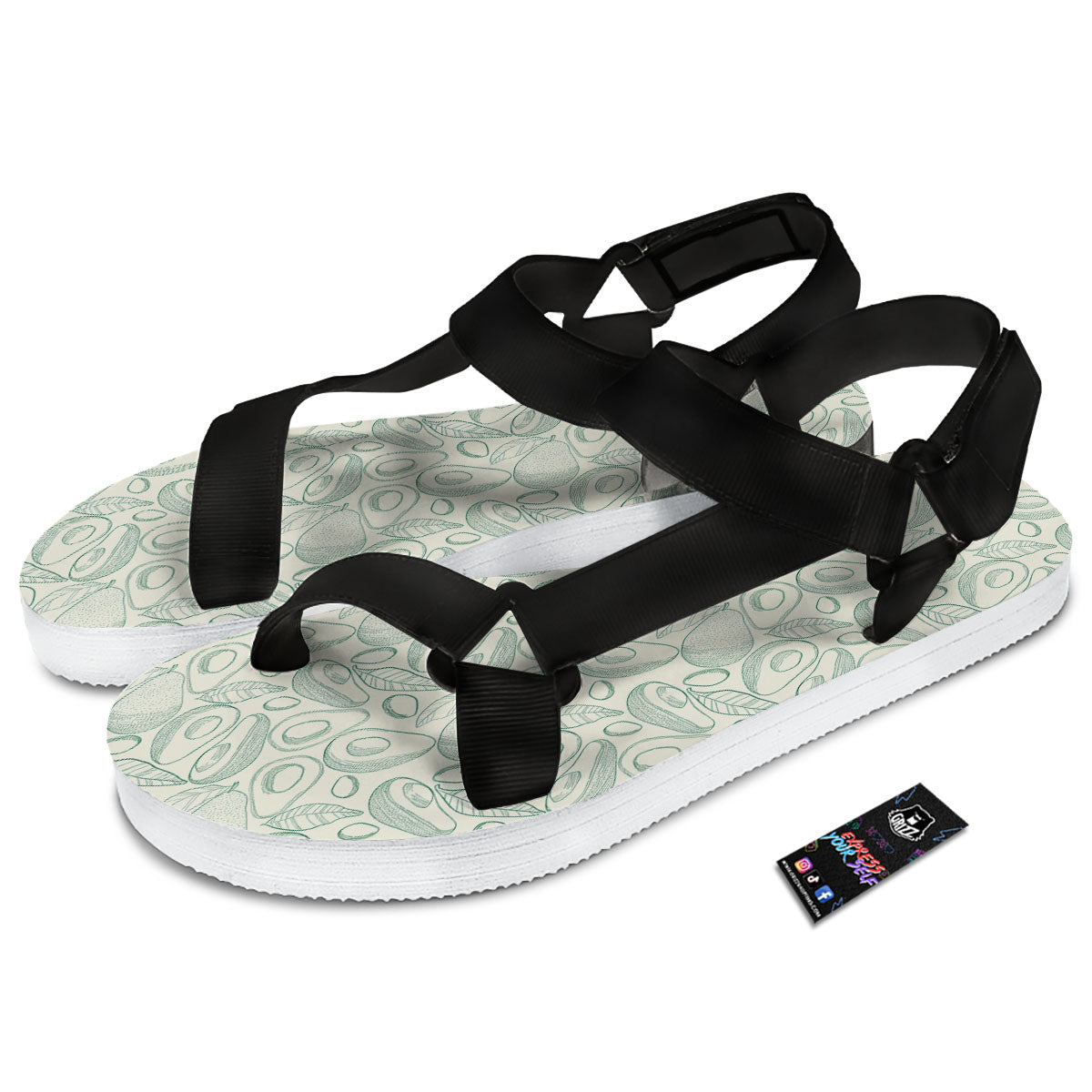 Drawing Avocado Cut In Half Print Black Open Toe Sandals-grizzshop