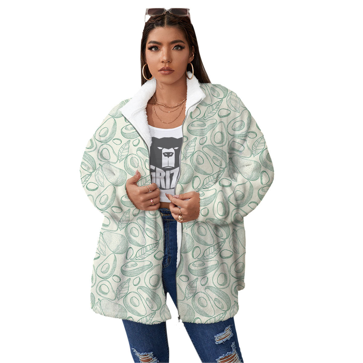 Drawing Avocado Cut In Half Print Women's Sherpa Jacket-grizzshop