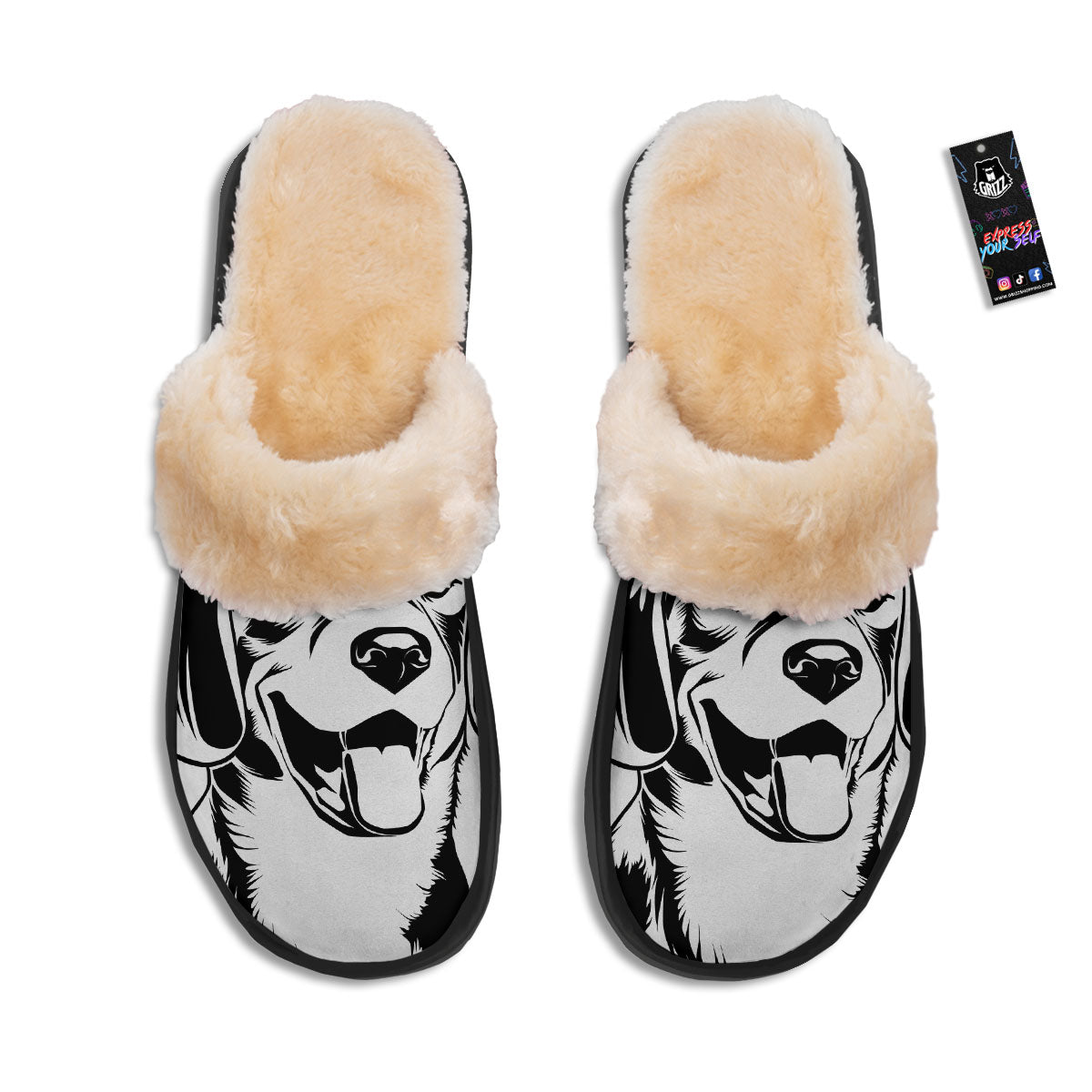 Drawing Beagle White And Black Print Slippers-grizzshop