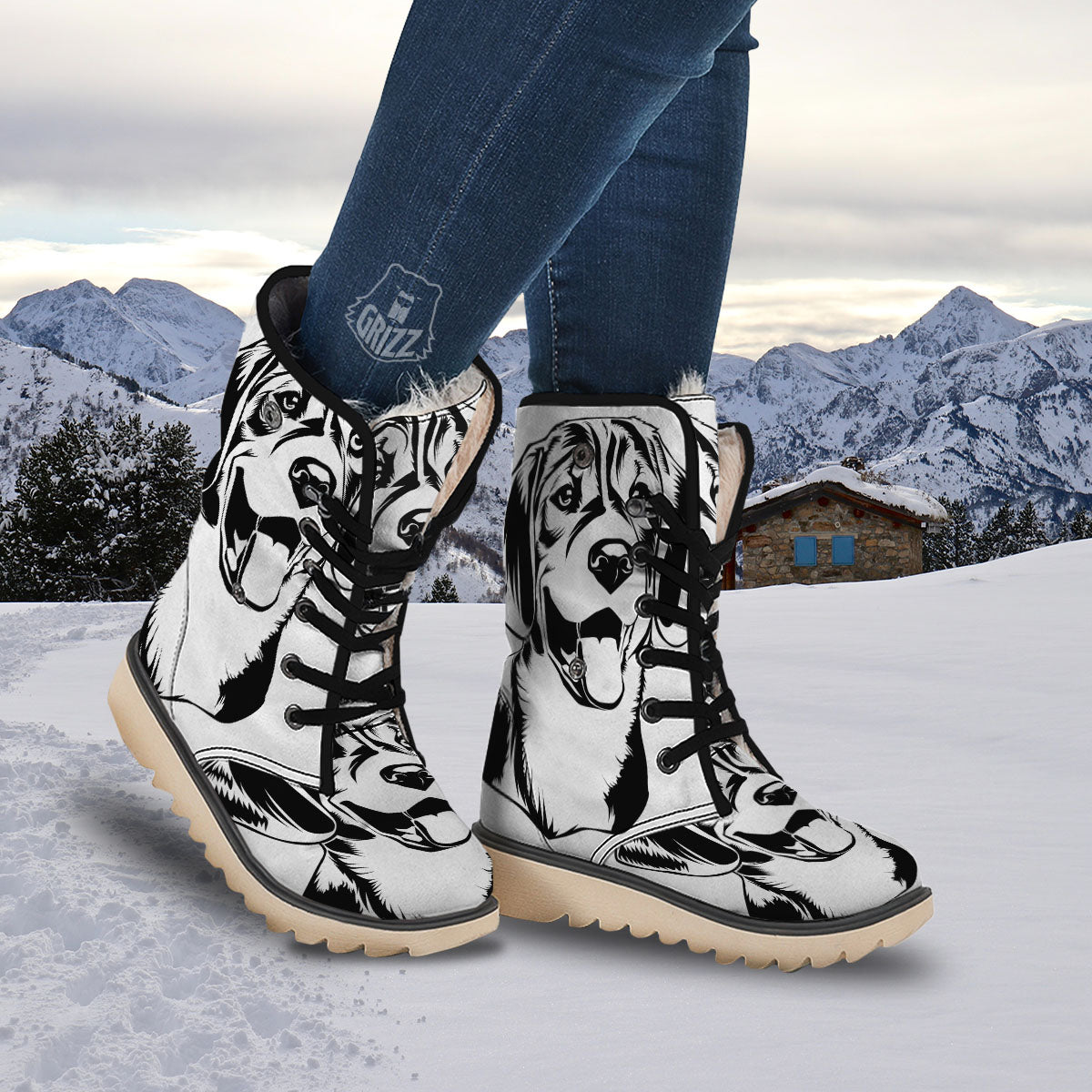 Drawing Beagle White And Black Print Snow Boots Grizzshopping