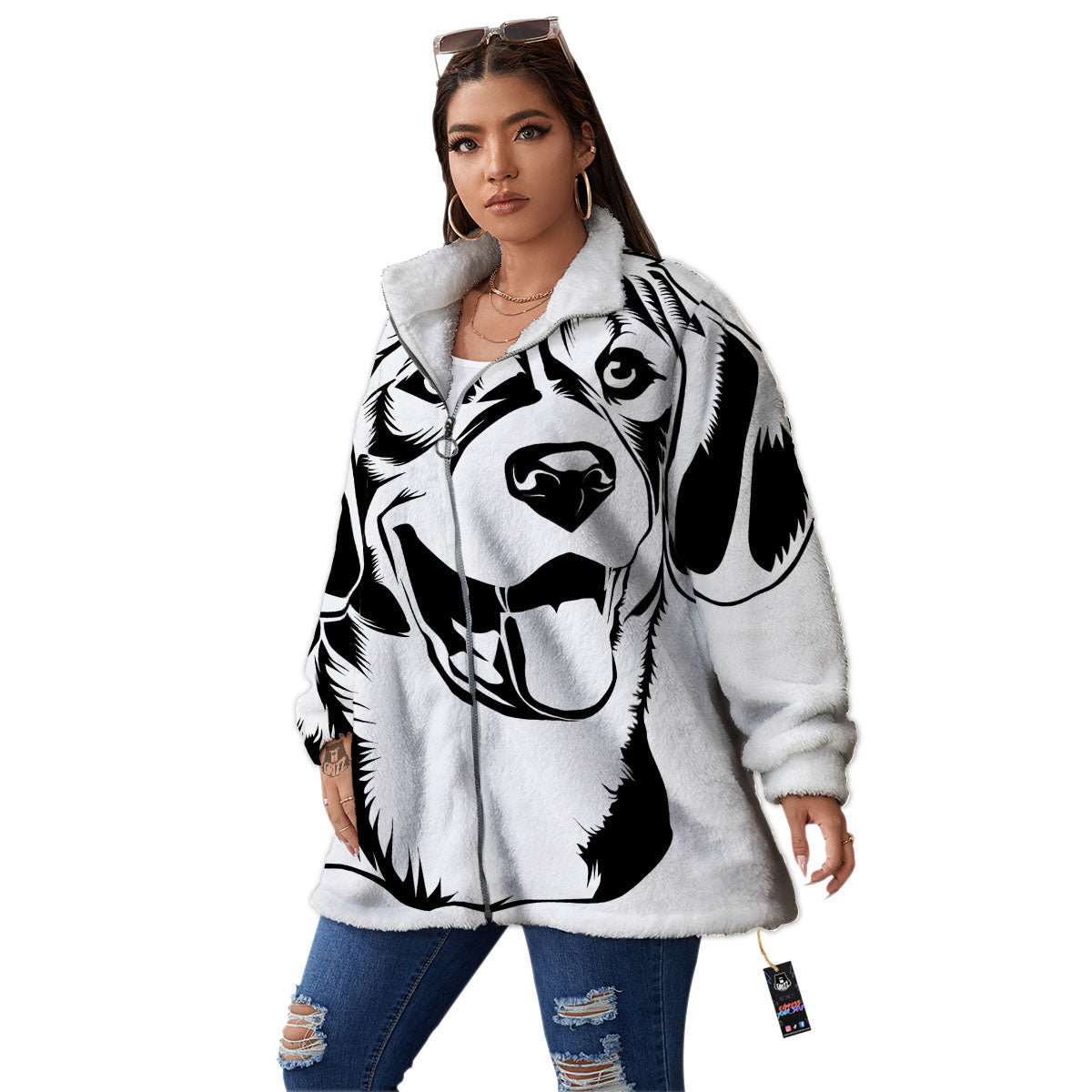 Drawing Beagle White And Black Print Women's Sherpa Jacket-grizzshop