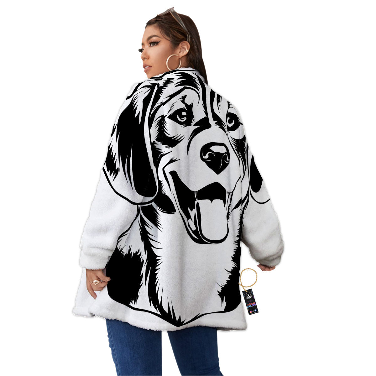 Drawing Beagle White And Black Print Women's Sherpa Jacket-grizzshop