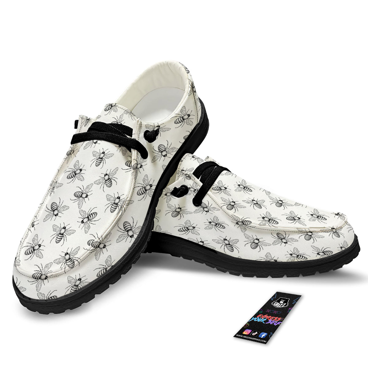 Drawing Bee Print Pattern Black Loafers-grizzshop