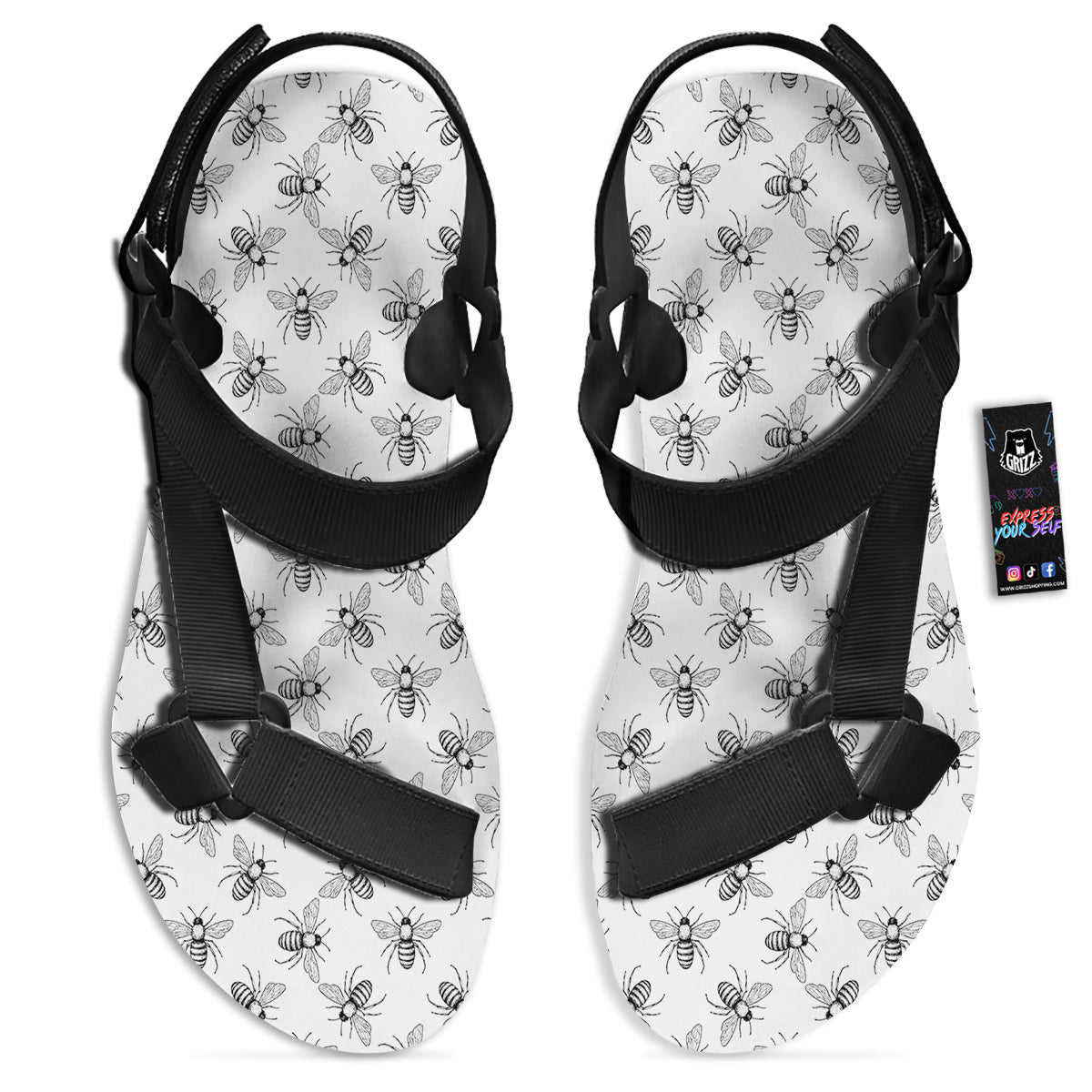 Drawing Bee Print Pattern Black Open Toe Sandals-grizzshop