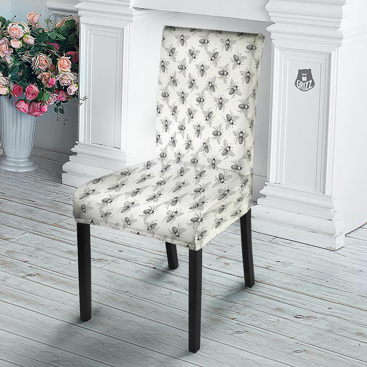 Drawing Bee Print Pattern Dining Chair Slipcover-grizzshop