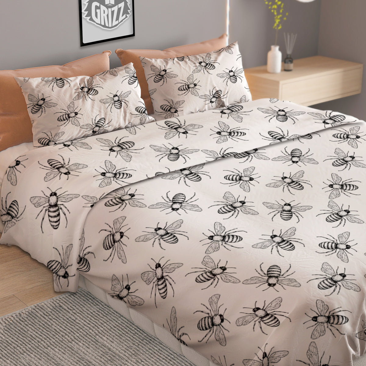 Drawing Bee Print Pattern Duvet Cover Bedding Set