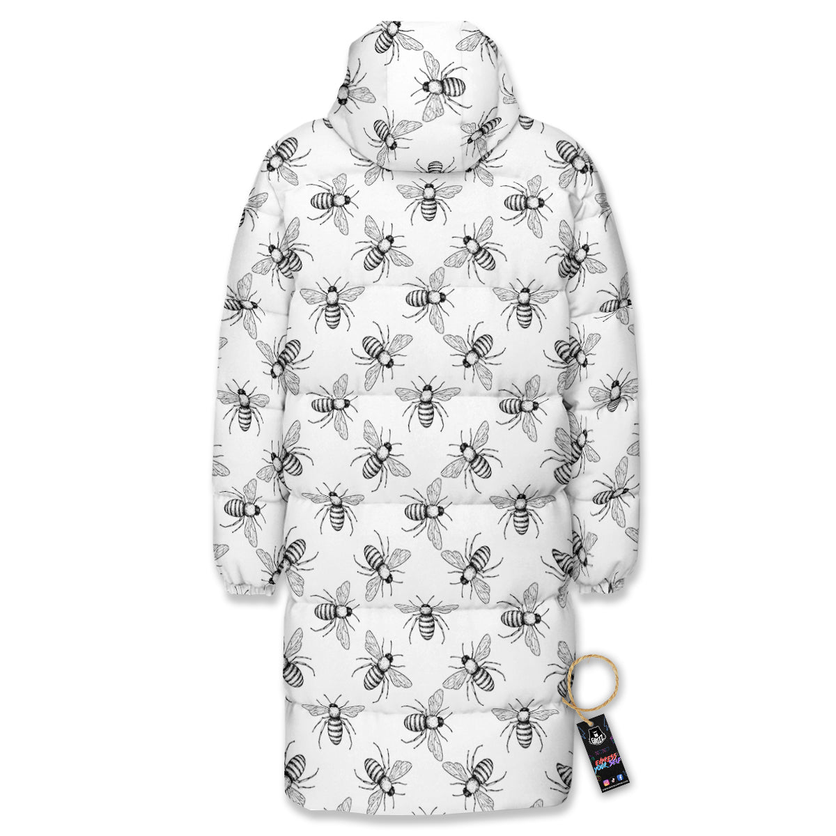 Drawing Bee Print Pattern Long Down Jacket-grizzshop