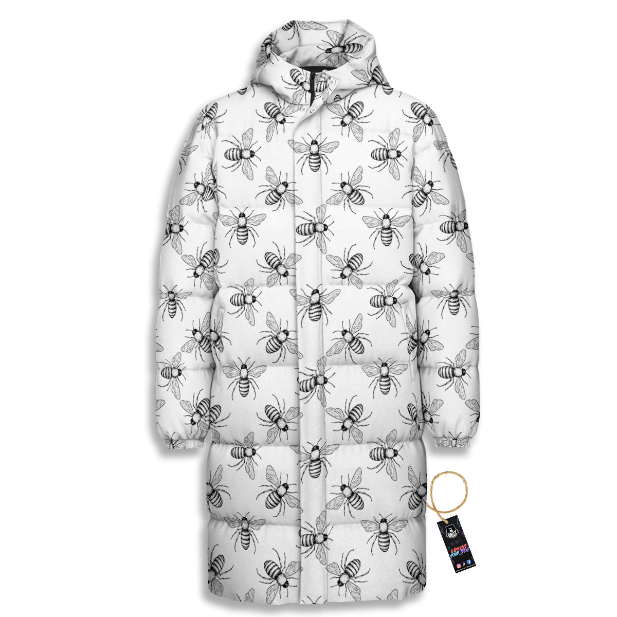Drawing Bee Print Pattern Long Down Jacket-grizzshop
