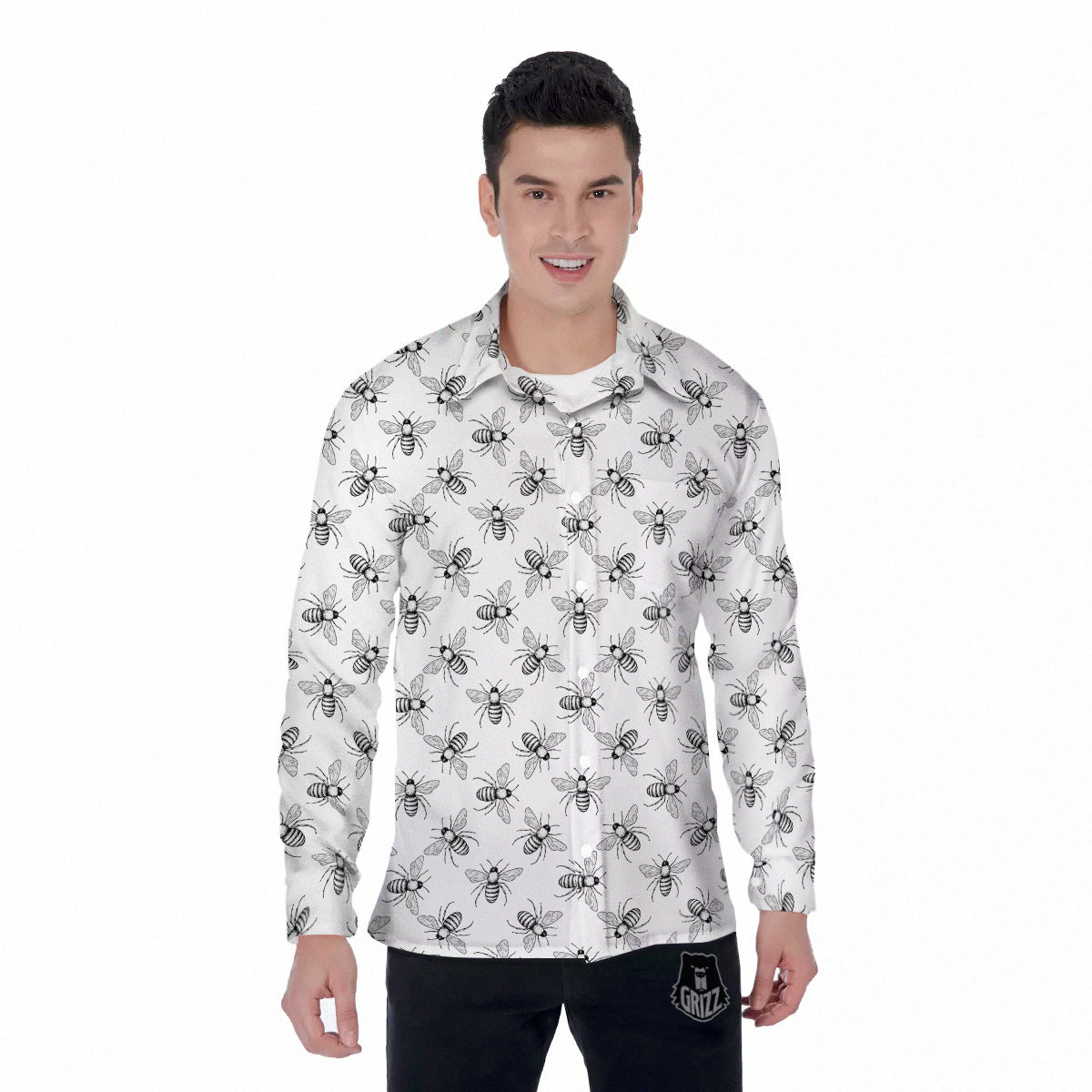 Drawing Bee Print Pattern Men's Long Sleeve Shirts-grizzshop