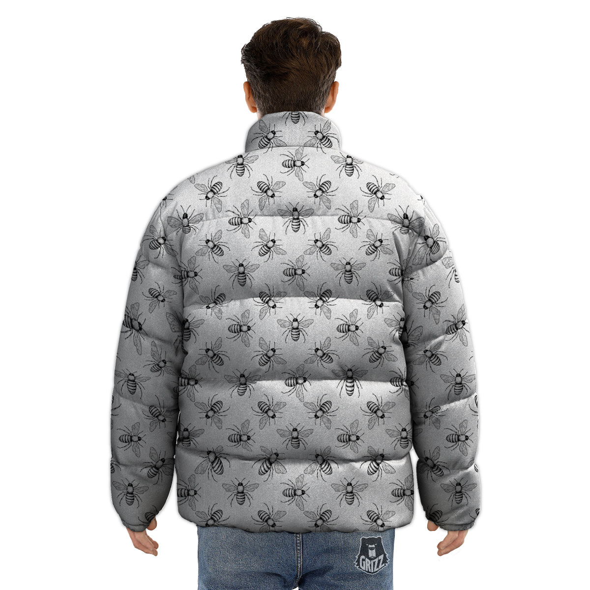 Drawing Bee Print Pattern Puffer Jacket-grizzshop