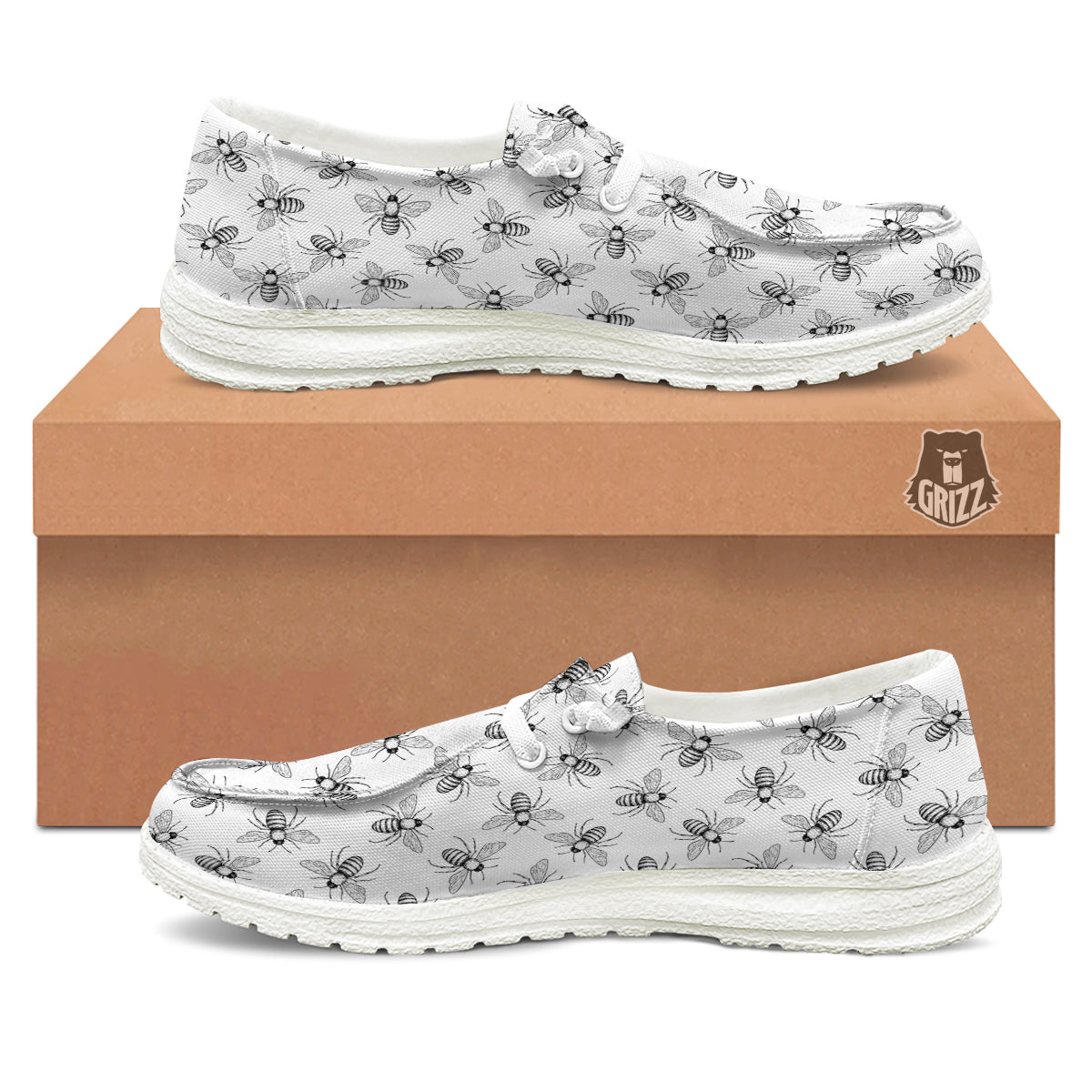 Drawing Bee Print Pattern White Loafers-grizzshop