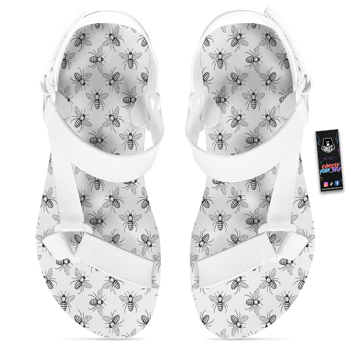 Drawing Bee Print Pattern White Open Toe Sandals-grizzshop