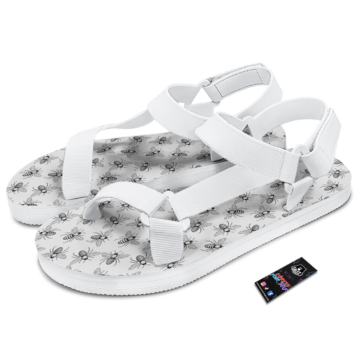 Drawing Bee Print Pattern White Open Toe Sandals-grizzshop