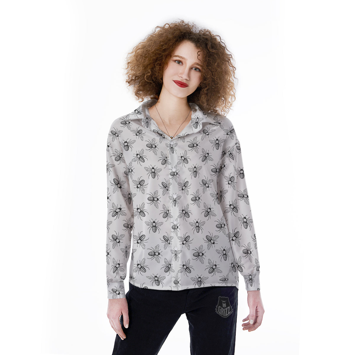 Drawing Bee Print Pattern Women's Long Sleeve Shirts-grizzshop