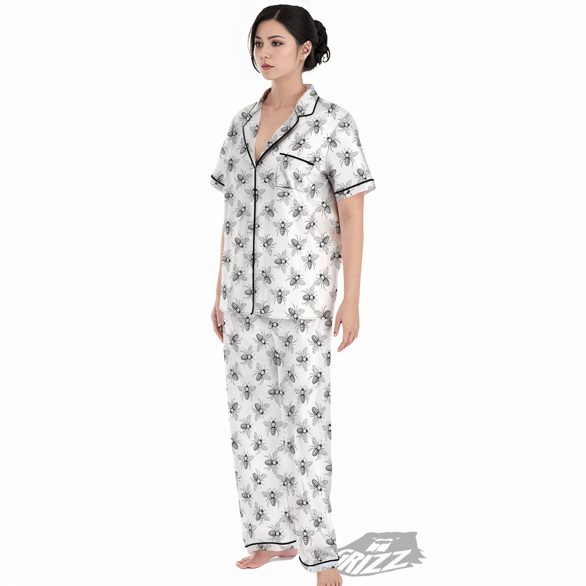 Drawing Bee Print Pattern Women's Pajamas Set-grizzshop
