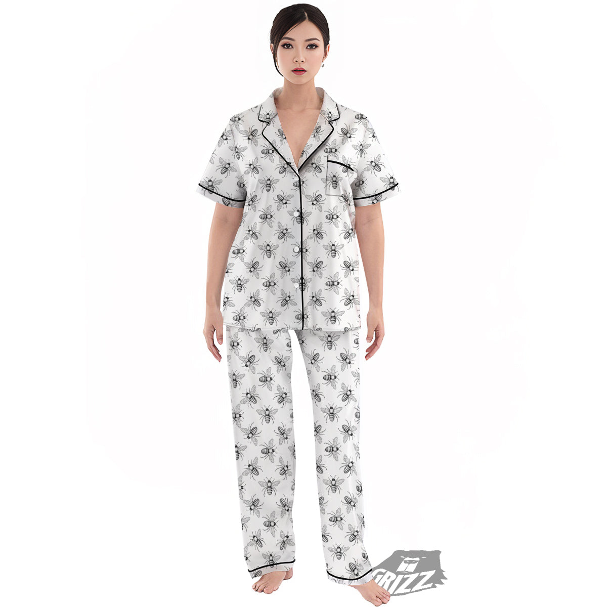 Drawing Bee Print Pattern Women's Pajamas Set-grizzshop