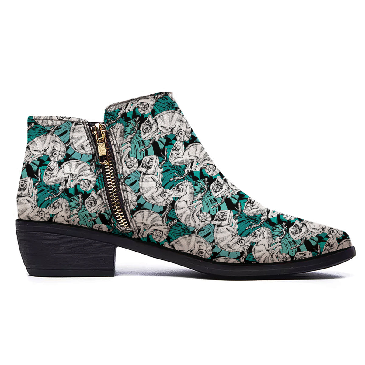 Drawing Chameleon And Monstera Leaf Print Pattern Ankle Boots-grizzshop