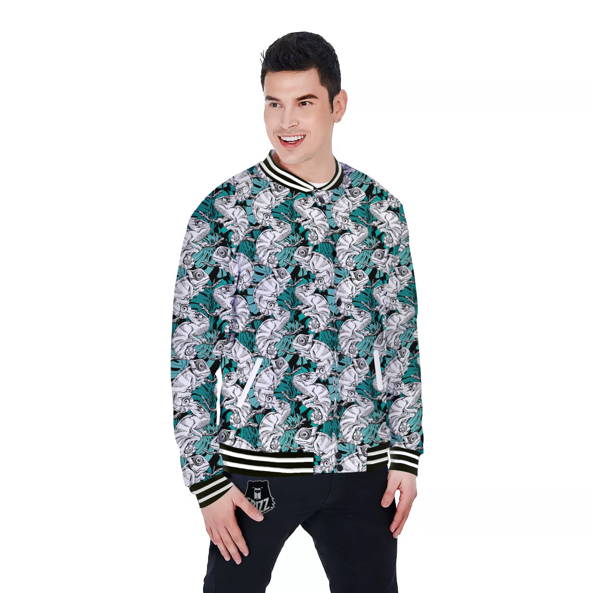 Drawing Chameleon And Monstera Leaf Print Pattern Baseball Jacket-grizzshop