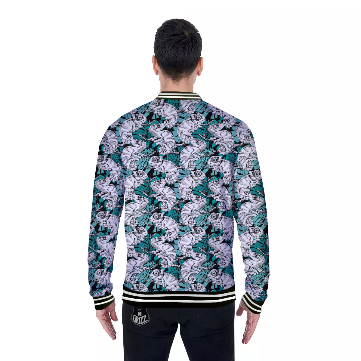 Drawing Chameleon And Monstera Leaf Print Pattern Baseball Jacket-grizzshop