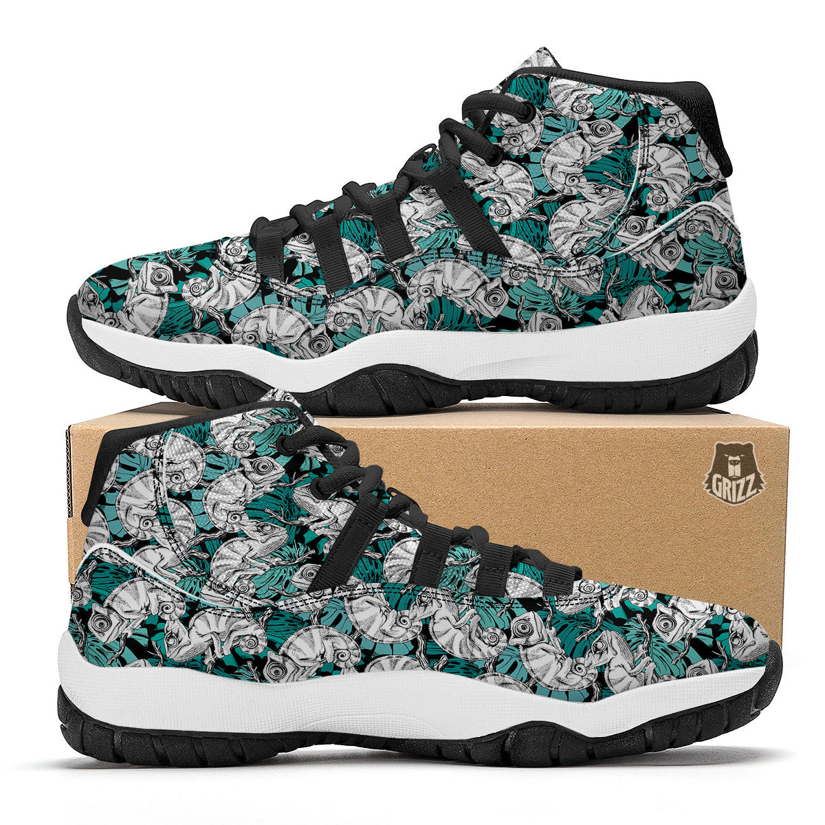 Drawing Chameleon And Monstera Leaf Print Pattern Black Bball Shoes-grizzshop