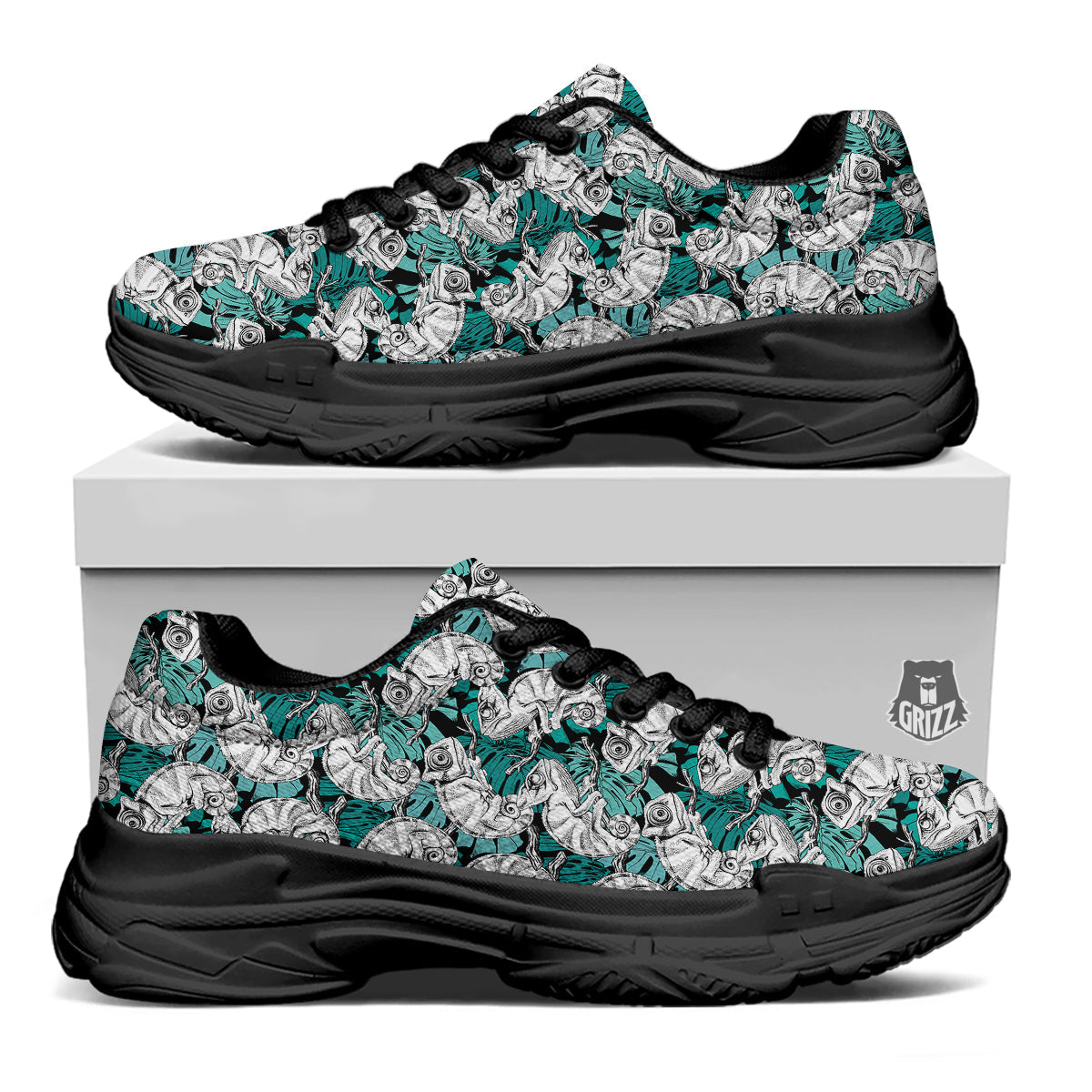 Drawing Chameleon And Monstera Leaf Print Pattern Black Chunky Shoes-grizzshop