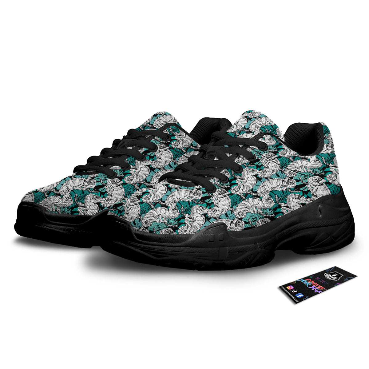 Drawing Chameleon And Monstera Leaf Print Pattern Black Chunky Shoes-grizzshop