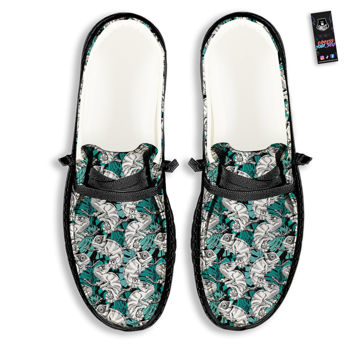 Drawing Chameleon And Monstera Leaf Print Pattern Black Loafers-grizzshop