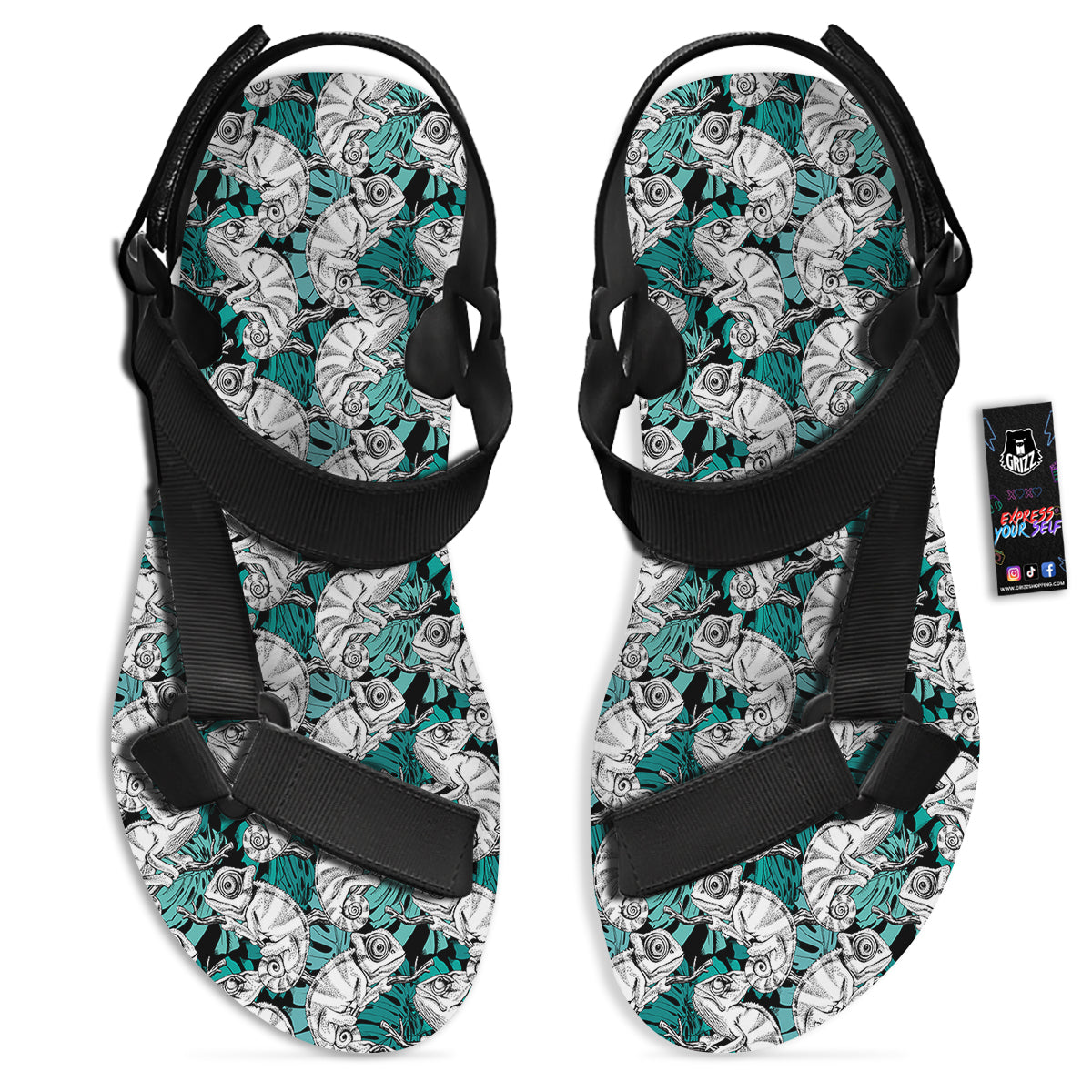 Drawing Chameleon And Monstera Leaf Print Pattern Black Open Toe Sandals-grizzshop