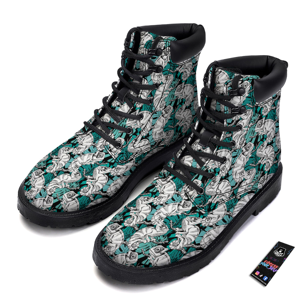 Drawing Chameleon And Monstera Leaf Print Pattern Boots-grizzshop