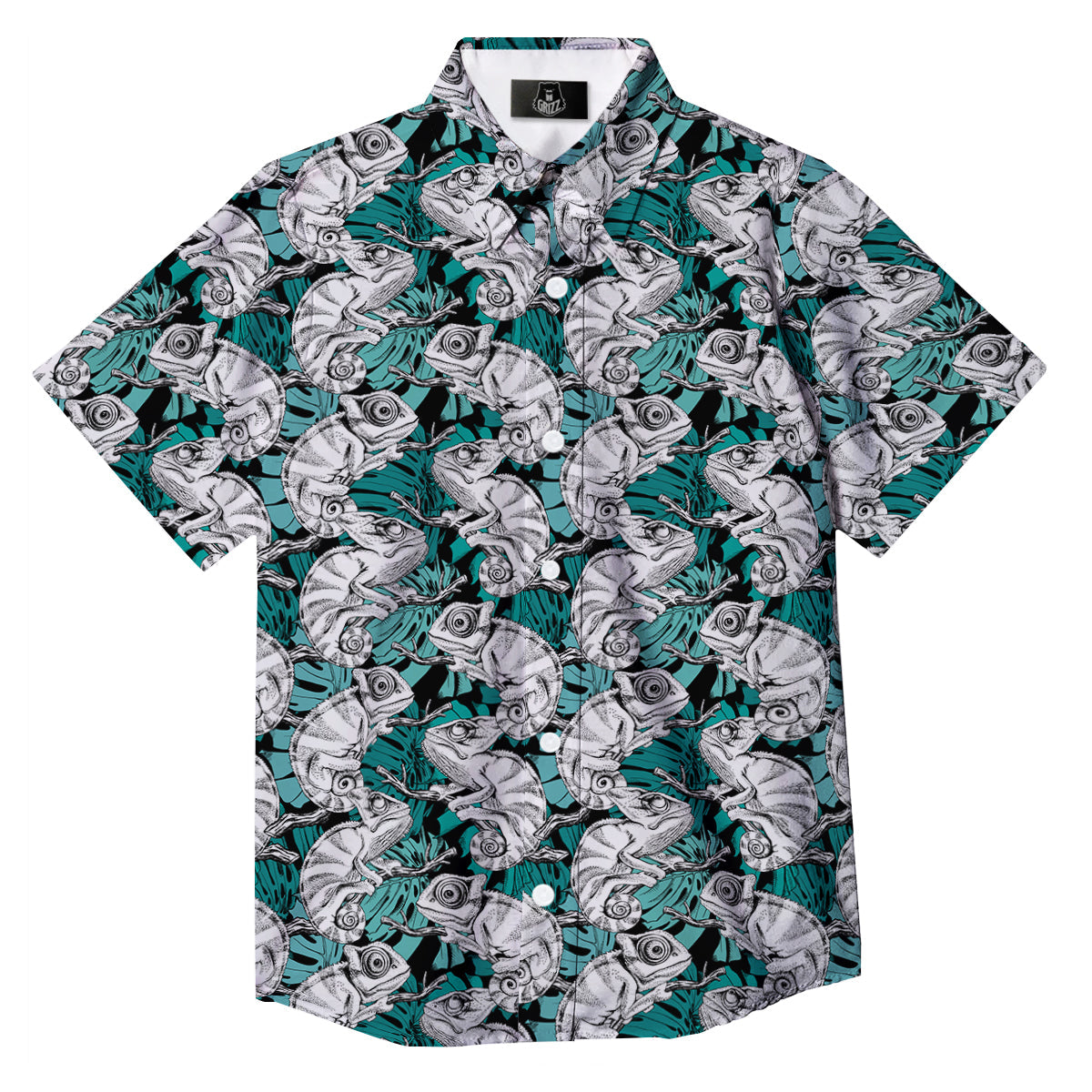 Drawing Chameleon And Monstera Leaf Print Pattern Button Up Shirt-grizzshop