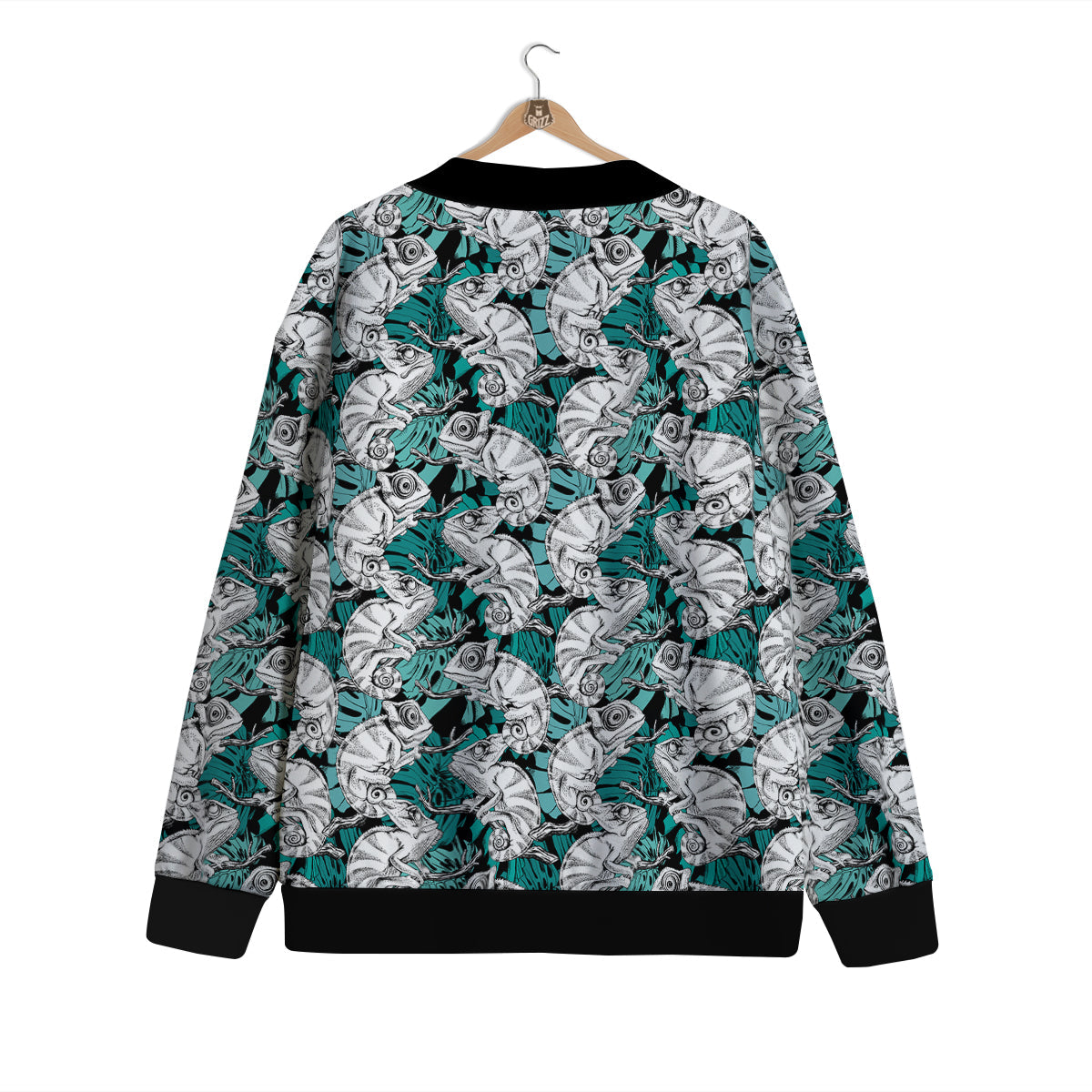 Drawing Chameleon And Monstera Leaf Print Pattern Cardigan-grizzshop