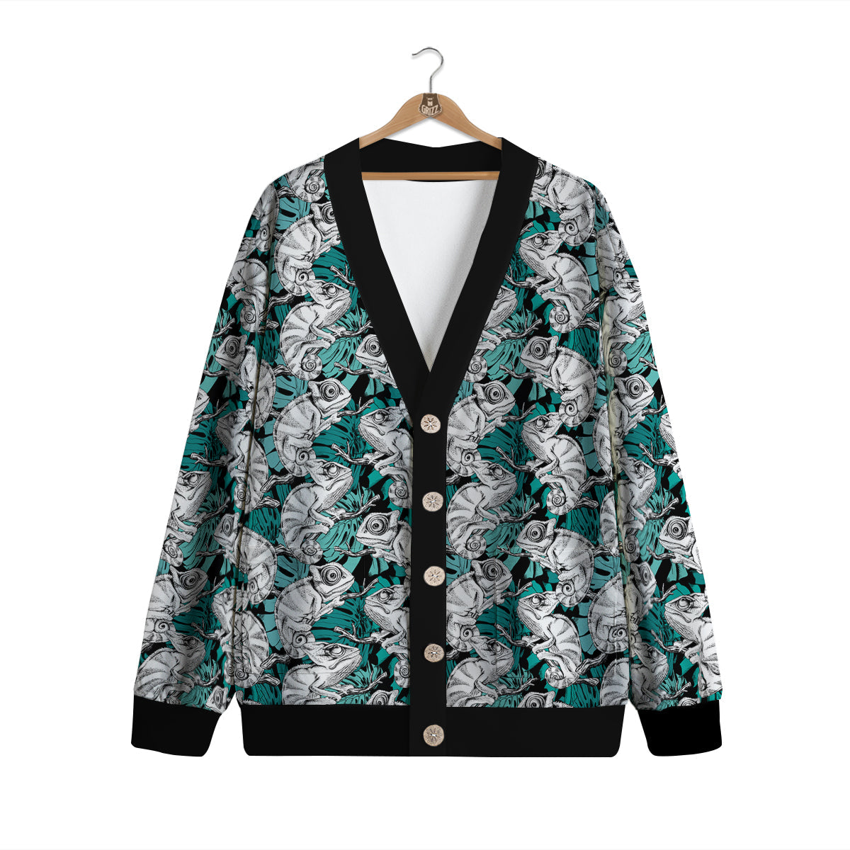 Drawing Chameleon And Monstera Leaf Print Pattern Cardigan-grizzshop